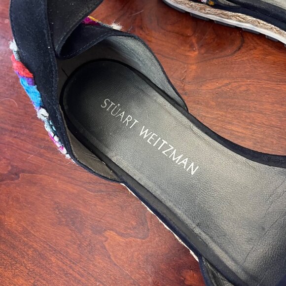 Stuart Weitzman Embroidered Denim Espadrille Flats With Black Ribbon Tie- Sz. 9. - Picture 3 of 13